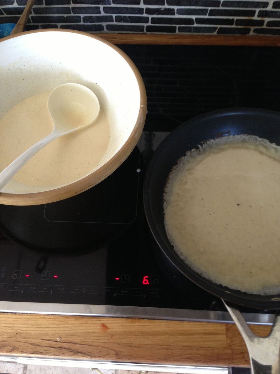 Pour a spoon full of batter on the pan and turn the pan around so that the batter is all over the pan.