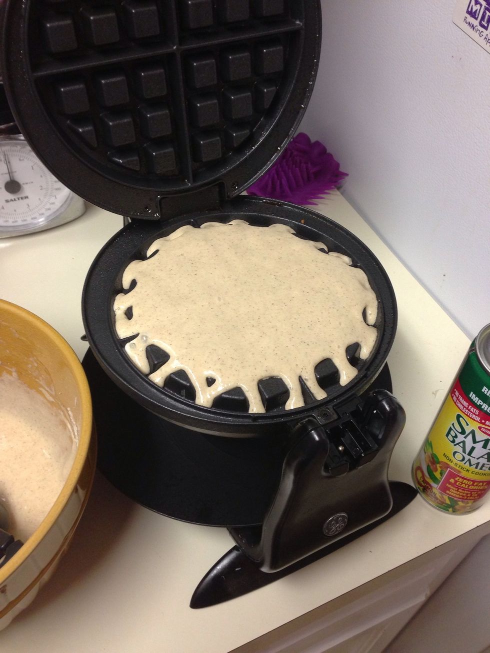 Pour about 1/4 cup in the center of the waffle maker or 1/3 cup in the pan if you are making pancakes. It will spread and rise. Don't over pour!!!