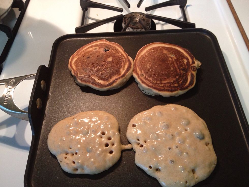 Pour about 1/4 cup per pancake. Cook for 1-2 minutes or until bubbles form, then flip and cook until golden brown.