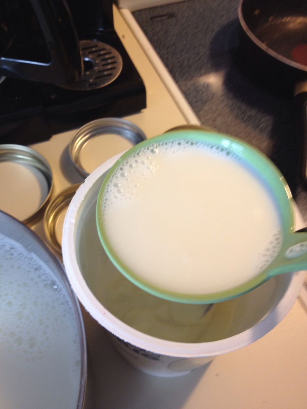 Pour about a cup of milk into your leftover yogurt and stir to get rid of lumps.