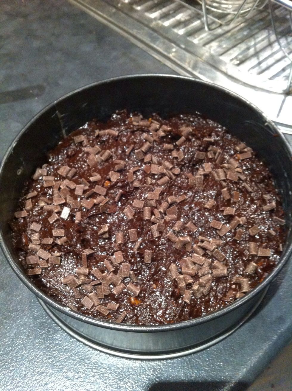Pour and spread into a cake tin. Sprinkle chocolate chips on top of the cake