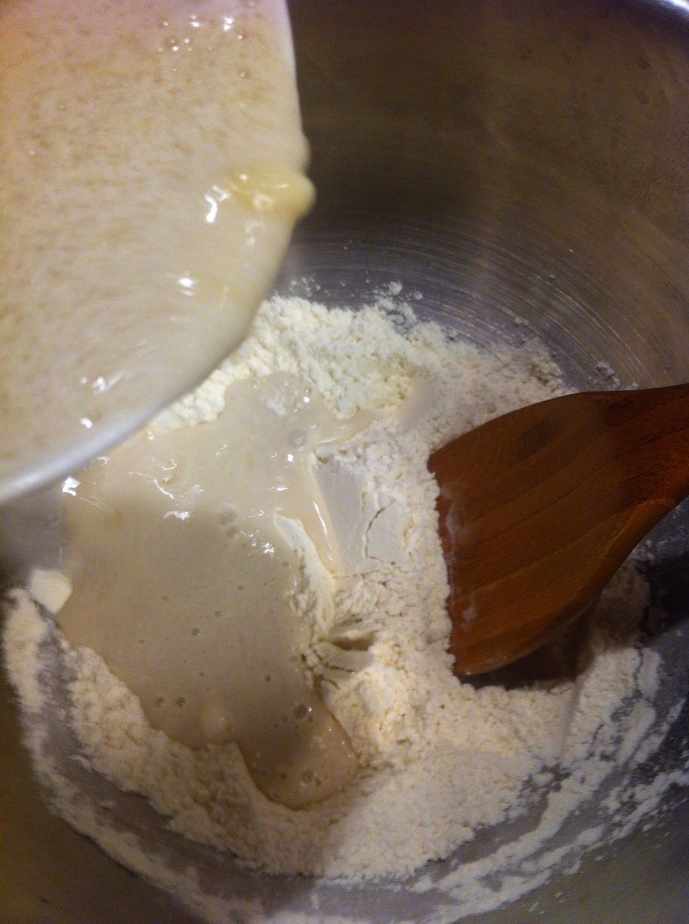Pour banana mixture into flour mixture and stir until well combined.