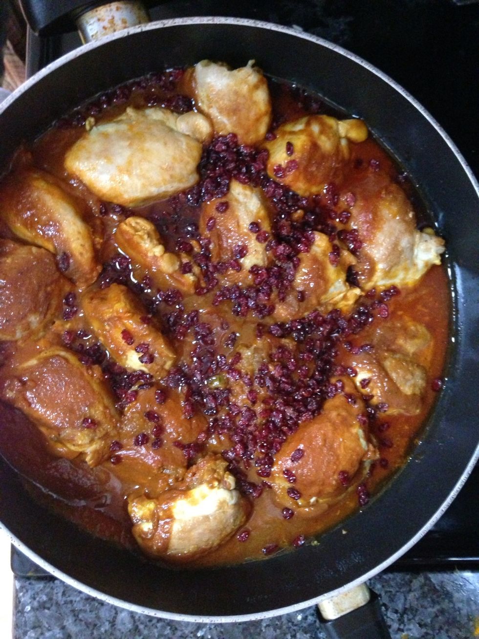 Pour barberries on top of chicken right before you are ready to serve.