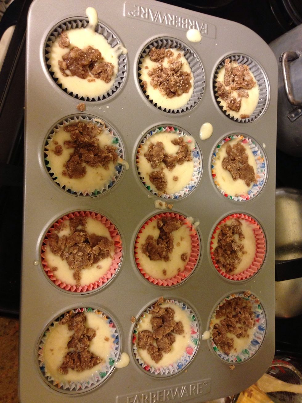 Pour batter either into cupcake wrappers or cake pan. Take cinnamon mix & sprinkle over each cake & then pour melted Earth Balance over each cake. I messed up & poured the butter in with the mix \ud83d\ude13