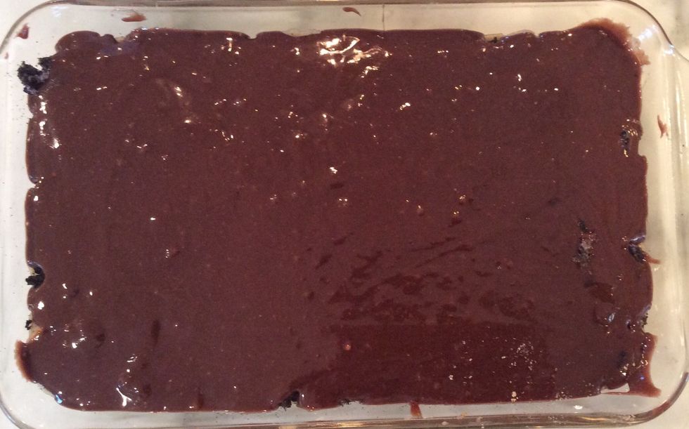 Pour batter evenly over the other two layers. Hard to spread after pouring so be cautious when pouring to make as even as possible.