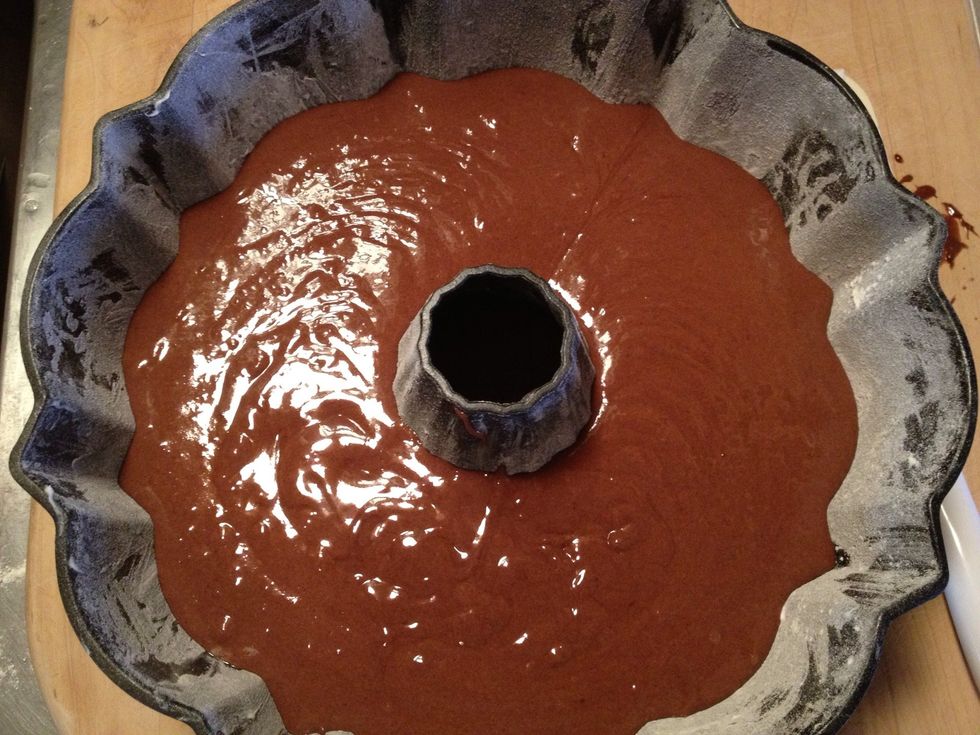 Pour batter in bundt pan
