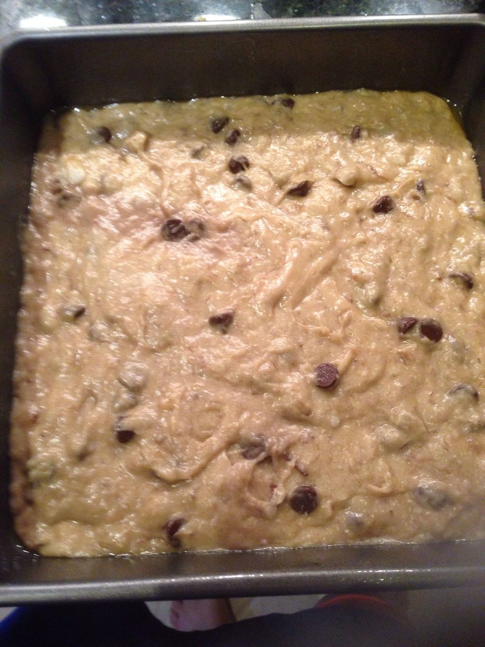 Pour batter in greased loaf or cake pan and bake at 350 degrees for 1 hour