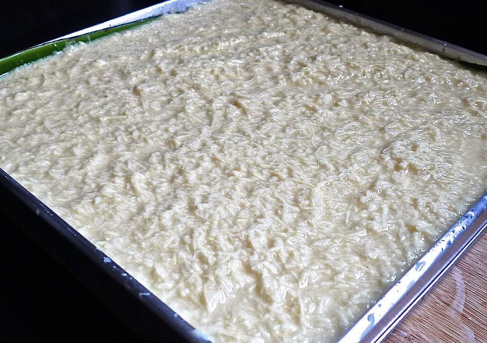 Pour batter into cake tin in a circular motion as you pour. Smooth the top with a spatula and make sure the batter is evenly mixed.