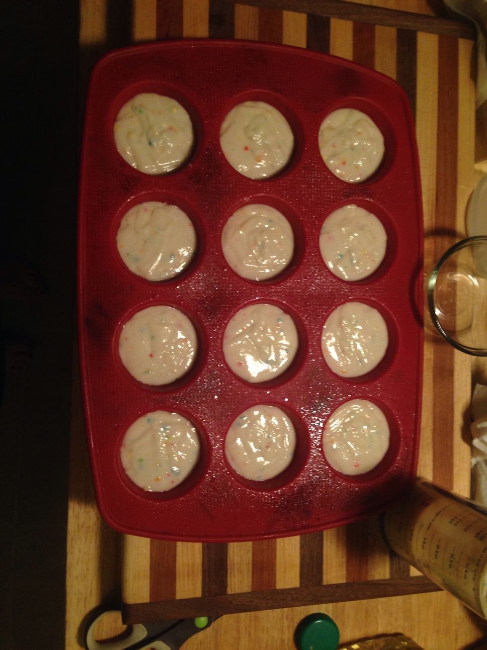 Pour batter into cupcake tin and fill 1/2 way.