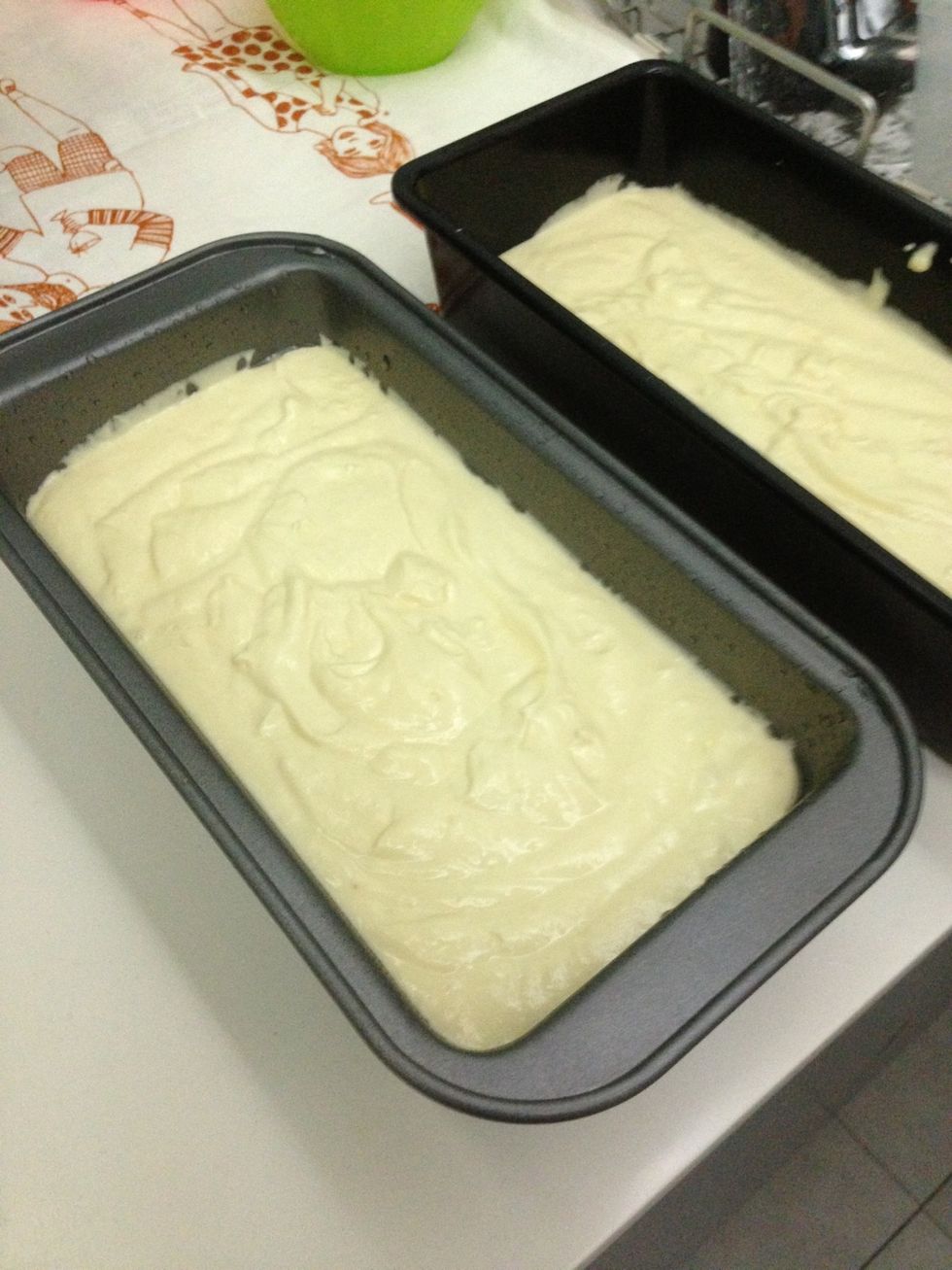 Pour batter into greased baking tins. Bake at 180c for 40-50 mins or until the centre is cooked when a skewer is poked right through