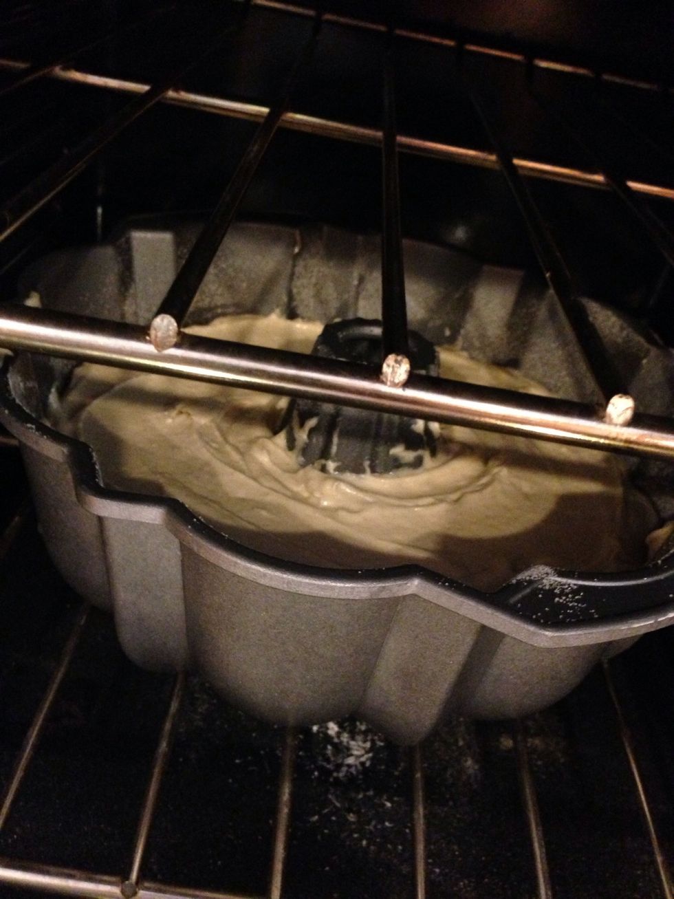 Pour batter into greased bundt pan, sprinkled with cinnamon sugar! (It makes for a nice crispy crust) bake at 325 for about 55 minutes, or until golden!