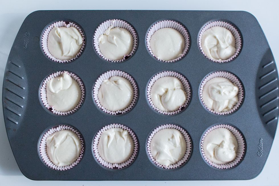 Pour batter into paper linked cupcake tray, about 3/4 full.