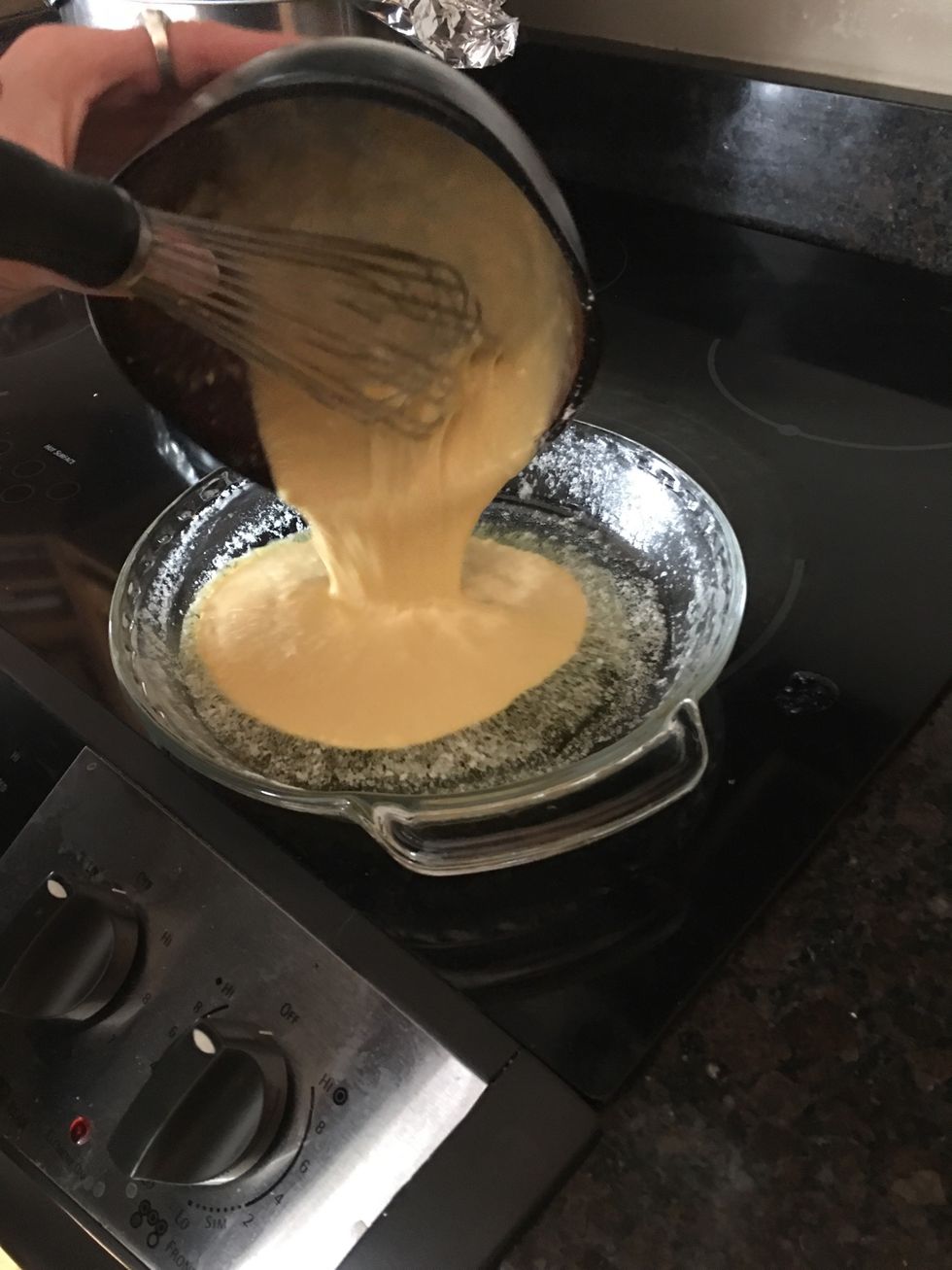 Pour batter into pie plate.