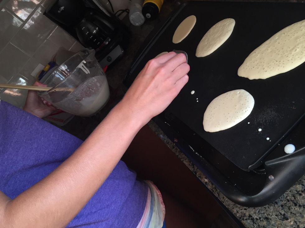 Pour batter onto hot griddle, making a few pancakes at a time. Cook until tops are bubbly and edges look dry. With a spatula, flip and cook until underside is golden.