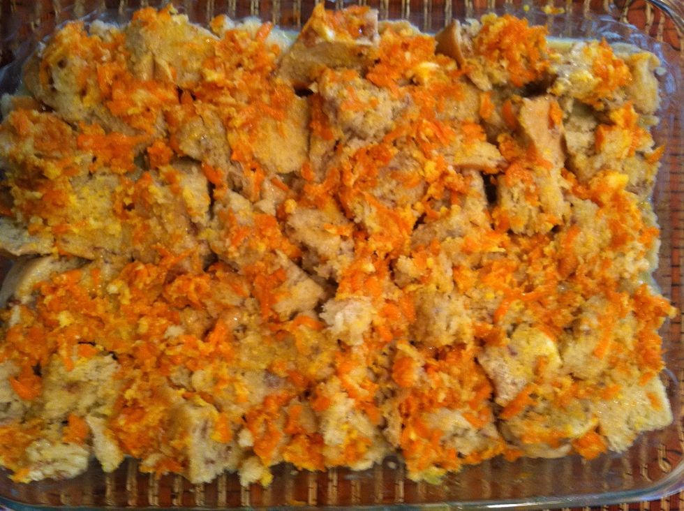 Pour bread mixture into your greased pan, spread to fit pan. Next spread carrot mixture on top