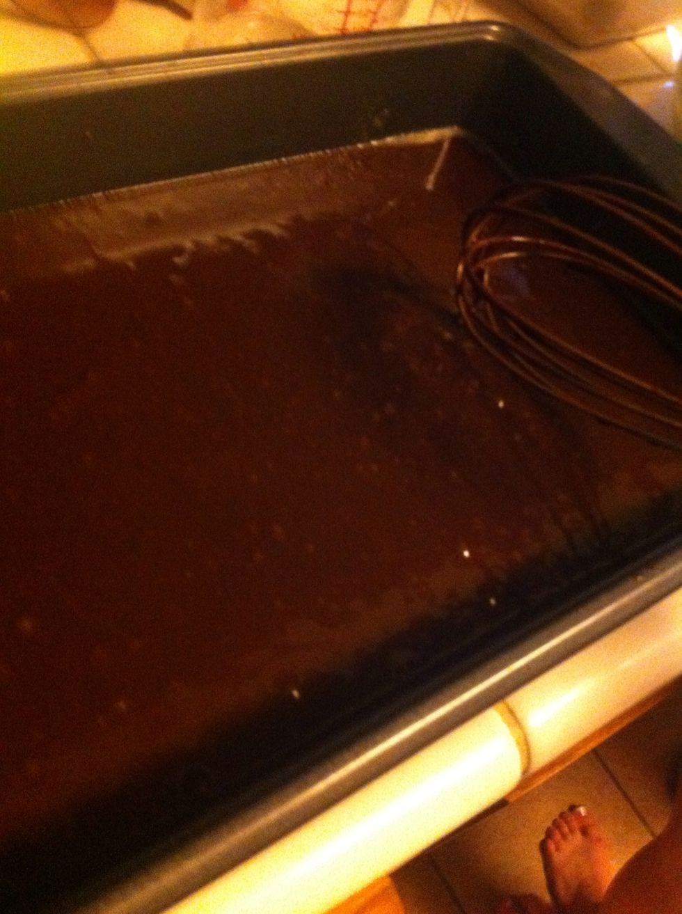 Pour brownie mix onto greased 13x9in baking pan