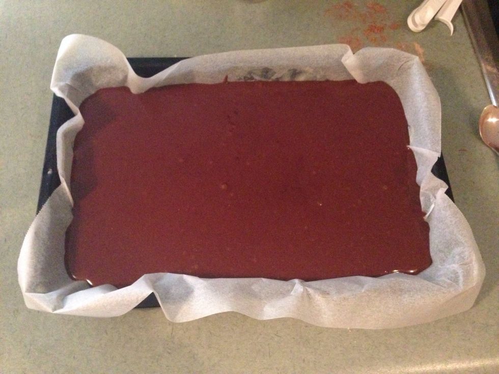 Pour brownie mixture into the baking tray and cook in oven for 25-30mins (175 degrees fan forced)