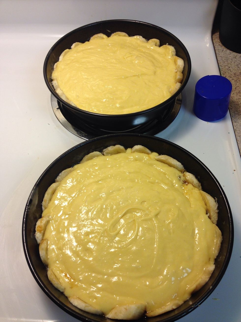 Pour cake batter on top of the coconut into the two pans, dividing equally.