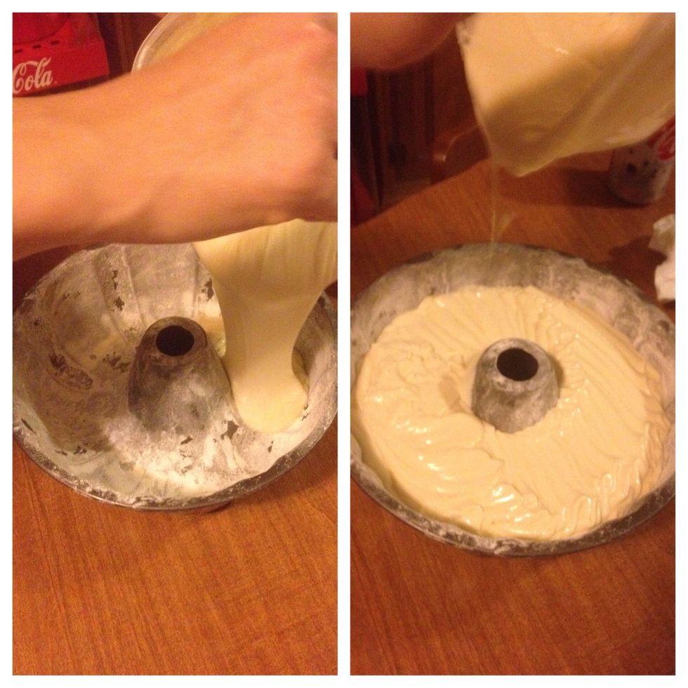 Pour cake mixture into the pan