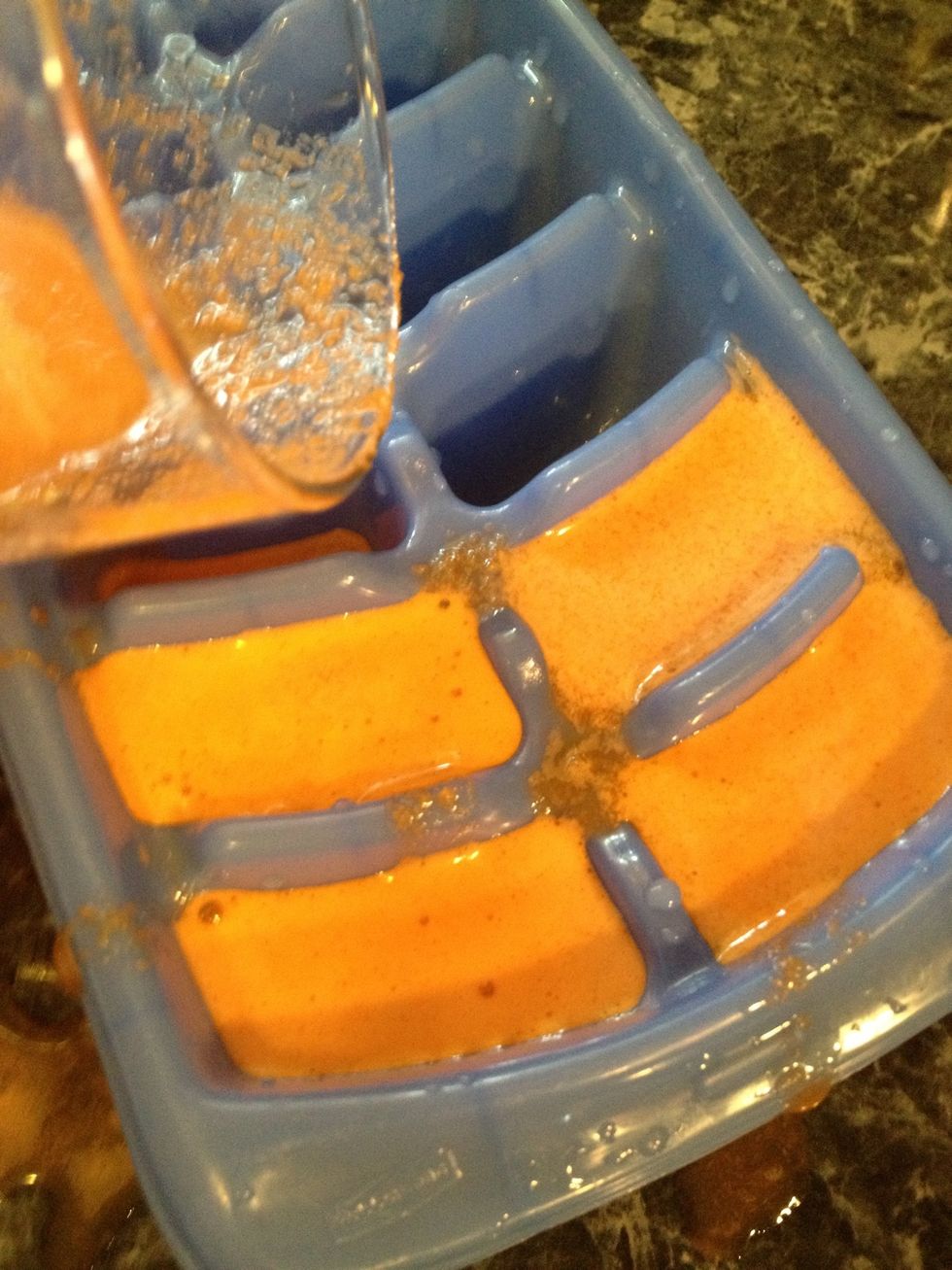 Pour carrot juice in ice cube trays