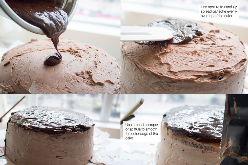 Pour Chocolate Ganache over the cake, using a cake spatula to spread evenly. Use a bench scraper (or spatula) to smooth the edges. If it drips over the side, thats ok too! Just use spatula to smooth.