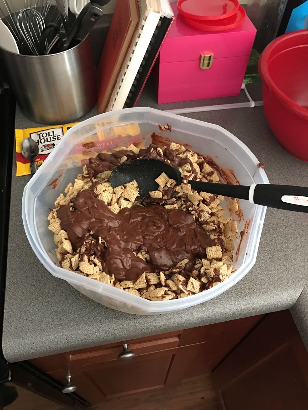 Pour chocolate mix on top of cereal