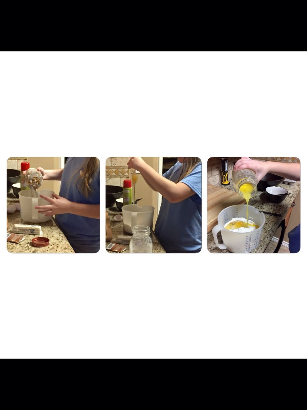 Pour contents of the jar into the mixing bowl then Add the 2 eggs and melted butter