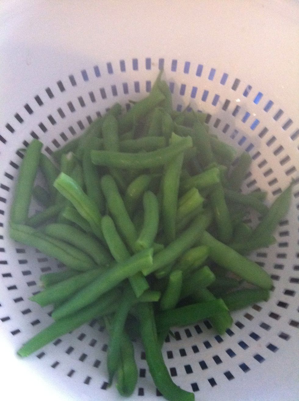 Pour cooked beans into strainer then into bowl of ice water to stop cooking process