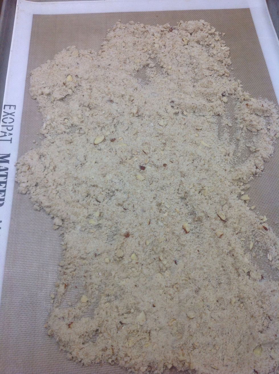 Pour crumble mixer on a silpat mat and bake in combi at 350F (177C) for 12-15 min