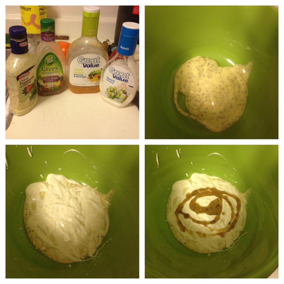 Pour cups of dressing into mixing boil.