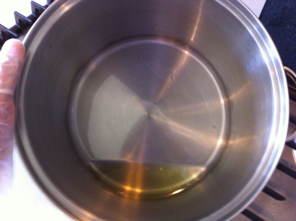 Pour enough oil so it covers the bottom of the pot. Turn the heat to high on the stove and put your pot on.
