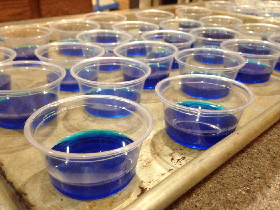 Pour equal amounts into serving cups. Chill for one hour, or until firm. I picked up a 50 pack of cups & lids at Target for a few bucks, but only used 35 for this.