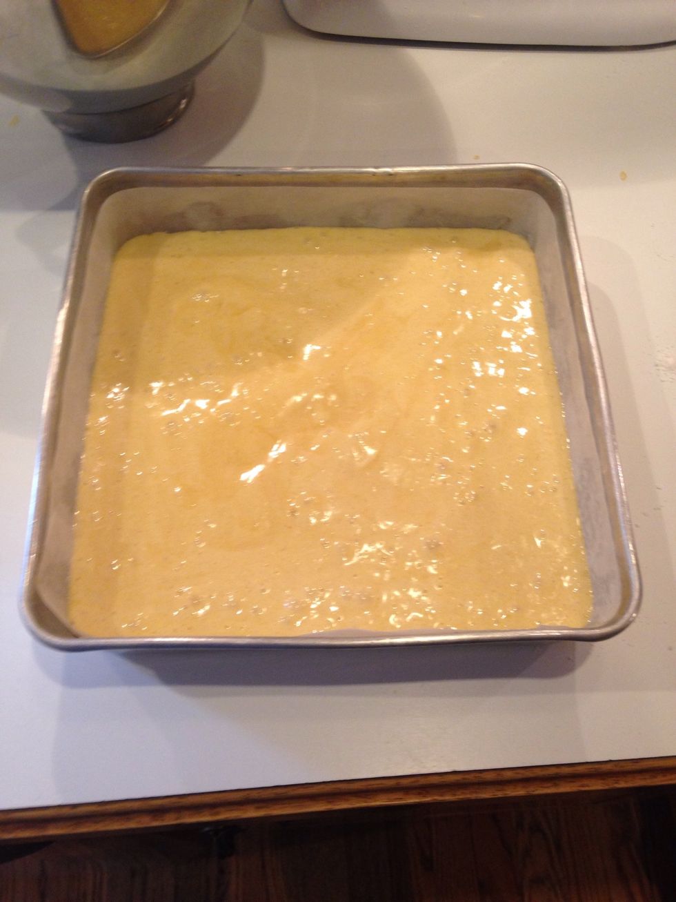 Pour gently into prepared pan. You should be able to see air pockets.