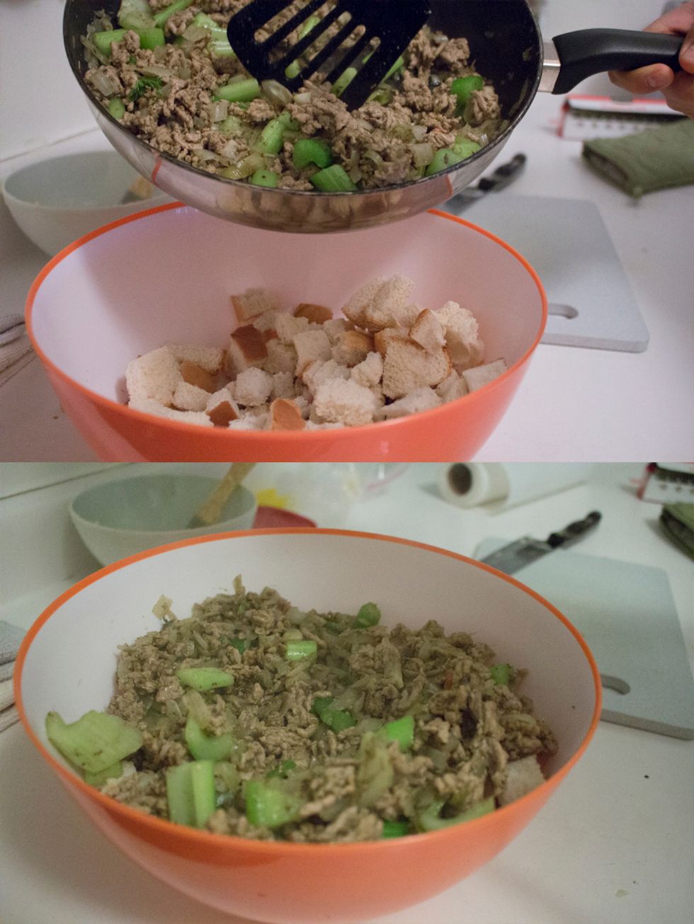 Pour ground turkey mixture over cubed bread.