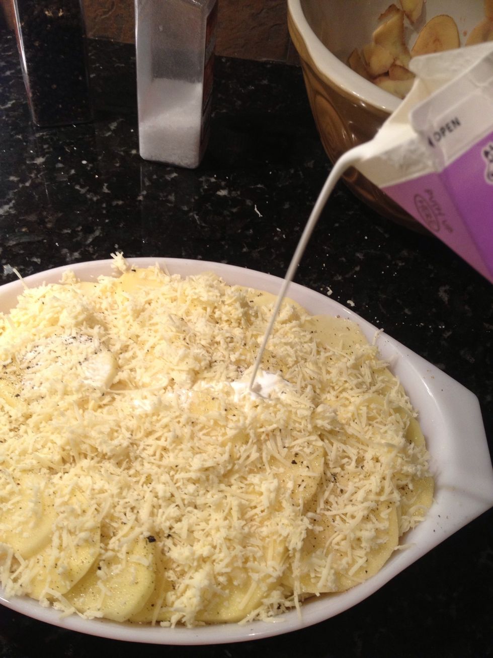 Pour half & half over potatoes.