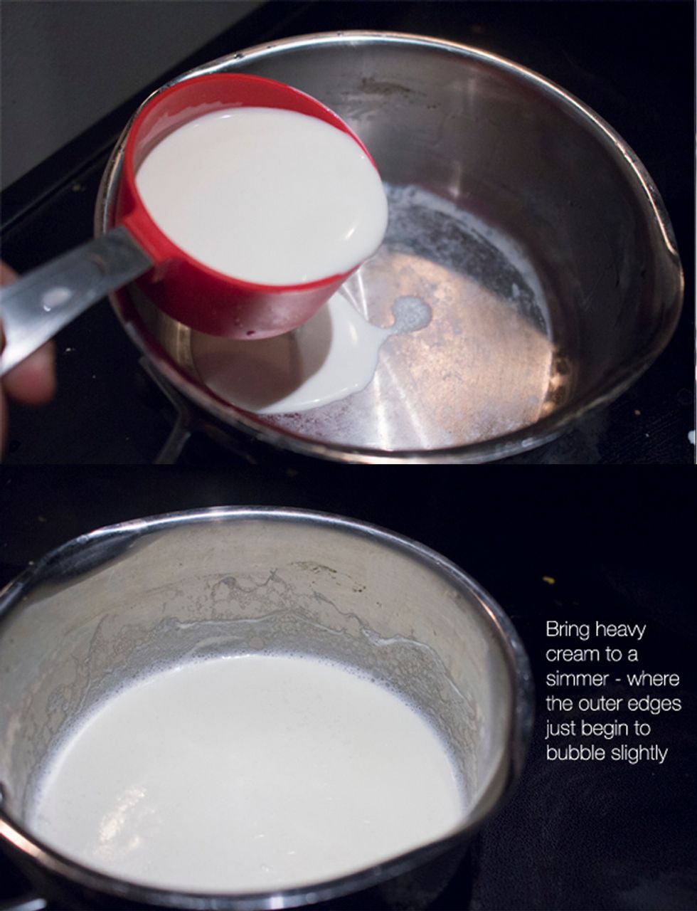 Pour heavy cream into pot and bring to a simmer on low to medium heat - where the outer edges just begin to bubble.