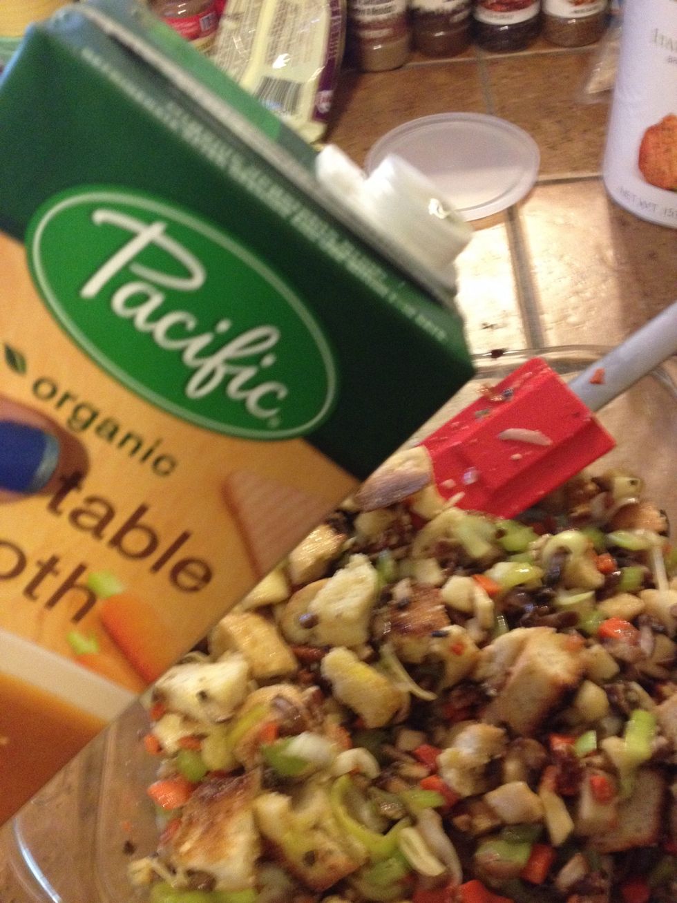 Pour in a half cup broth, or enough to cover bottom of casserole dish.