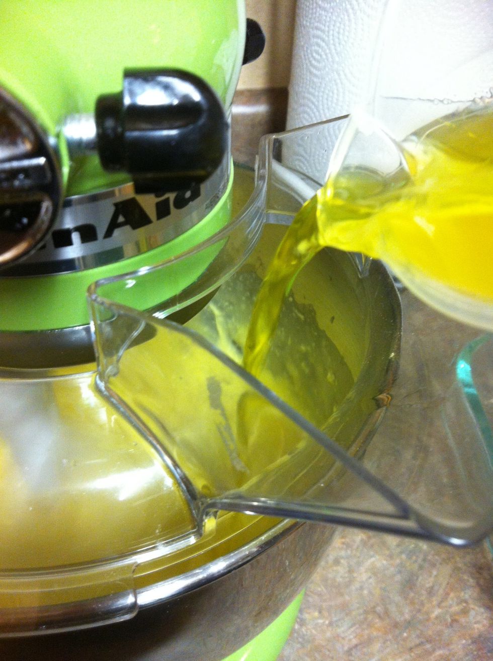 Pour in Jell-o (if you have a splash guard, use it) and mix until smooth. Notice the consistency of my Jell-o; if you refrigerated and it turned to gelatin, you will have to scoop in and mix longer.