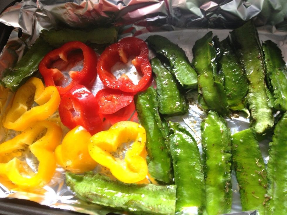Pour in the leftover olive oil over the veggies. Baked for 15 mnts.