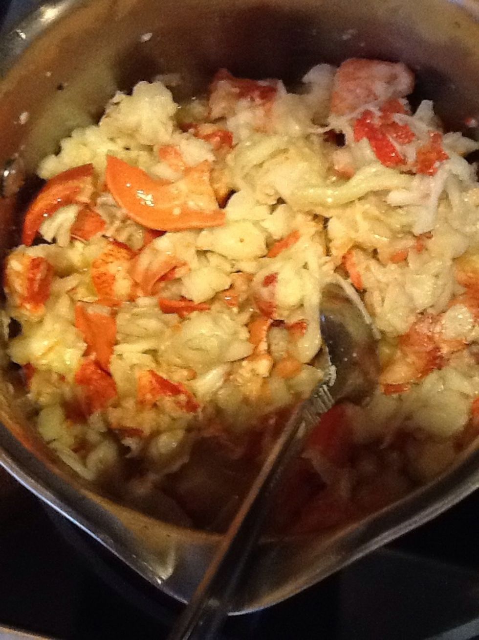 Pour in the Lobster meat into the pan with the cooked butter and lemon. Let Lobster cook on the stove for about 10 minutes.