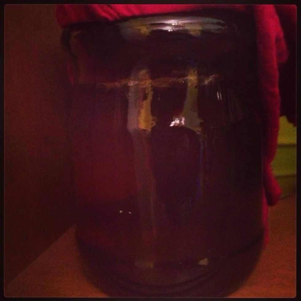 Pour in the sweet tea, cover with cloth (I cut an old CLEAN dress) & secure tightly with rubber band. Place jar a in dark & temp controlled place (for me this was a corner in the kitchen).