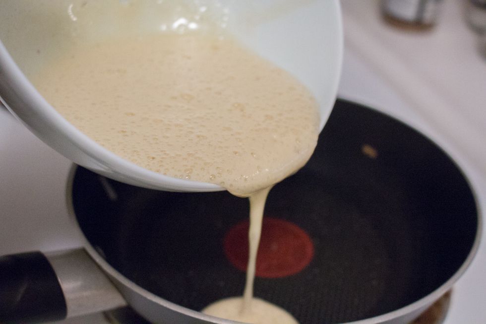 Pour into a heated skillet (medium heat) that is greased with cooking oil (I use olive oil)