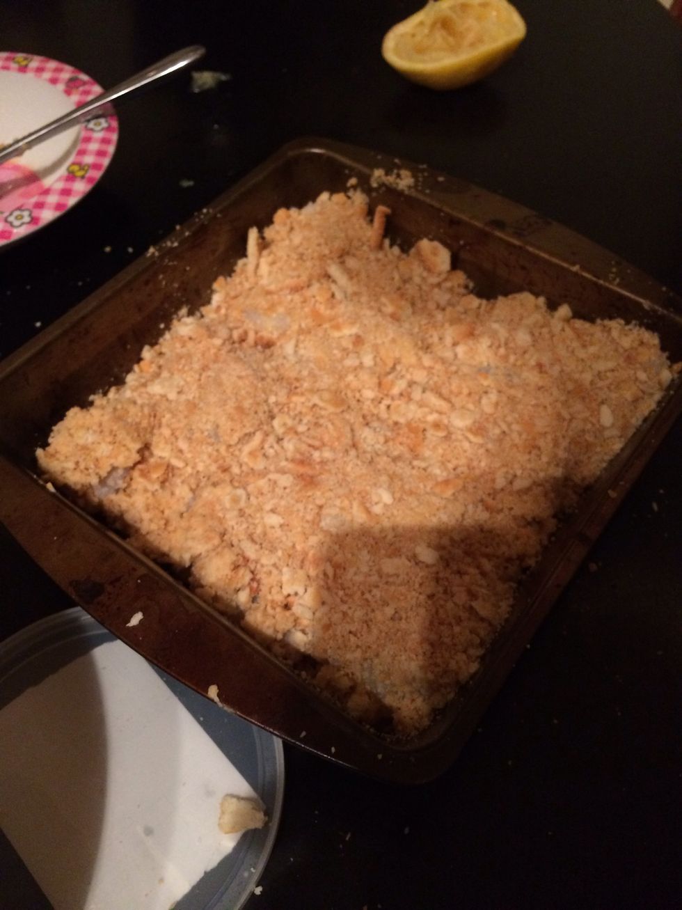 Pour into baking dish and put over any remaining ritz crackers. Bake at 350 for about 15-20 min