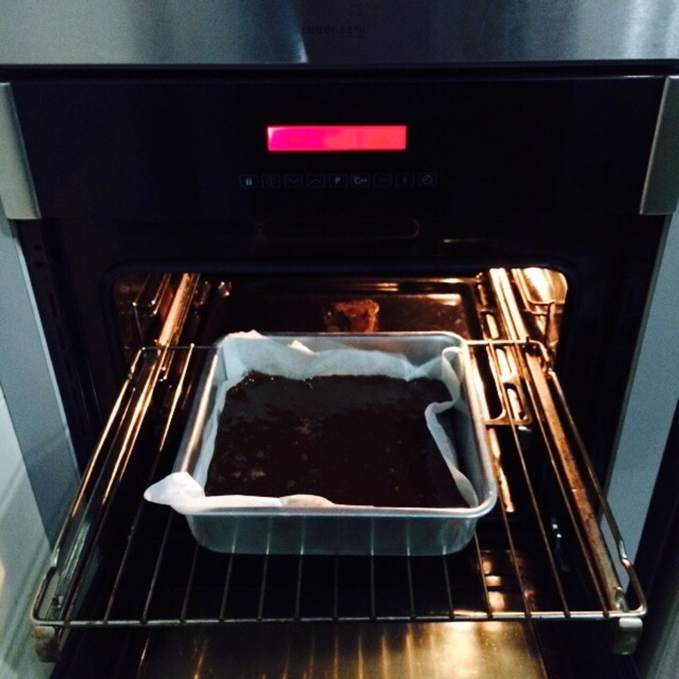 Pour into baking dish lined with baking/parchment paper and bake for 30-40 mins. It took about 35 minutes for me. Just check every 2 minutes when you've reached the 30th min mark \ud83d\ude0a