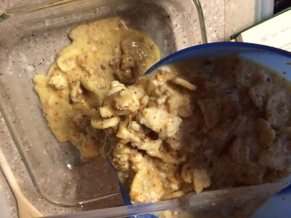 Pour into buttered 9X9 baking dish