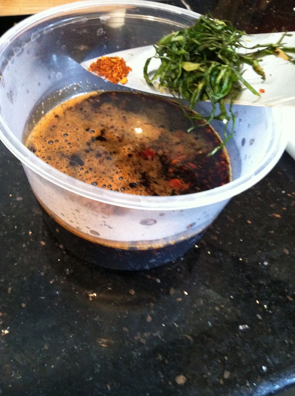 Pour into container and add chili flakes, basil and enjoy . You can use as a marinade, in a stir fry or as a dipping sauce.