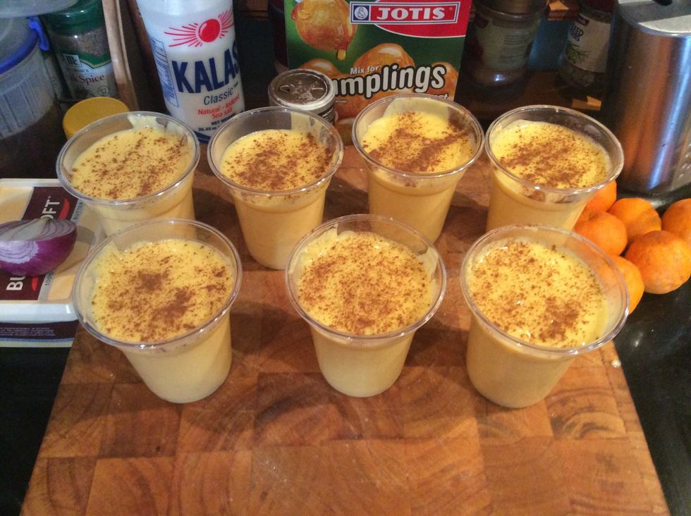 Pour into cups with a ladle and leave it to cool for 15 minutes then place in the fridge to chill