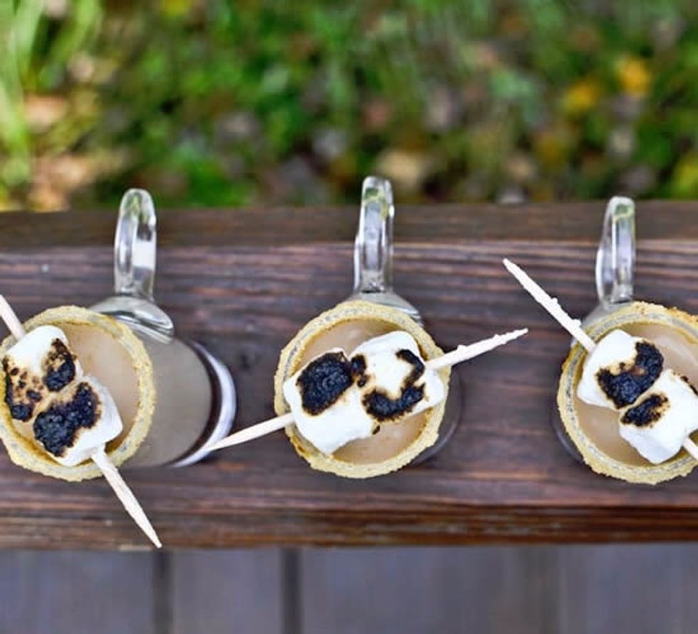 Pour into glass. Top with mini marshmallows skewered on a toothpick. (View from above)