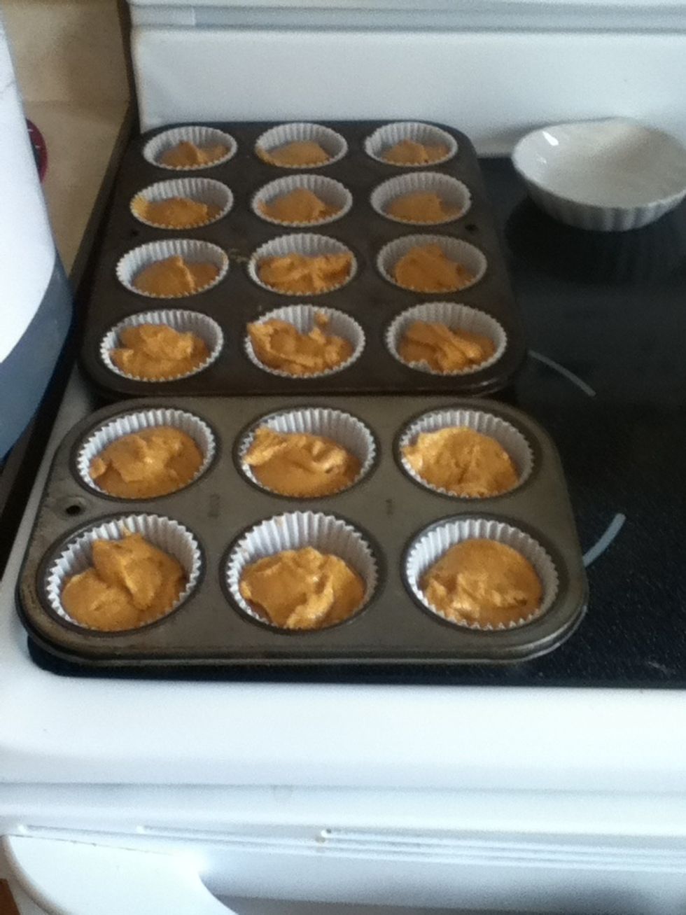 Pour into muffin tins and heat oven to 375 degrees Fahrenheit.