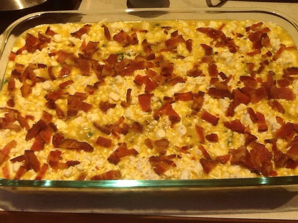Pour into oiled pan, top with 2 c feta and 7 chopped bacon strips.